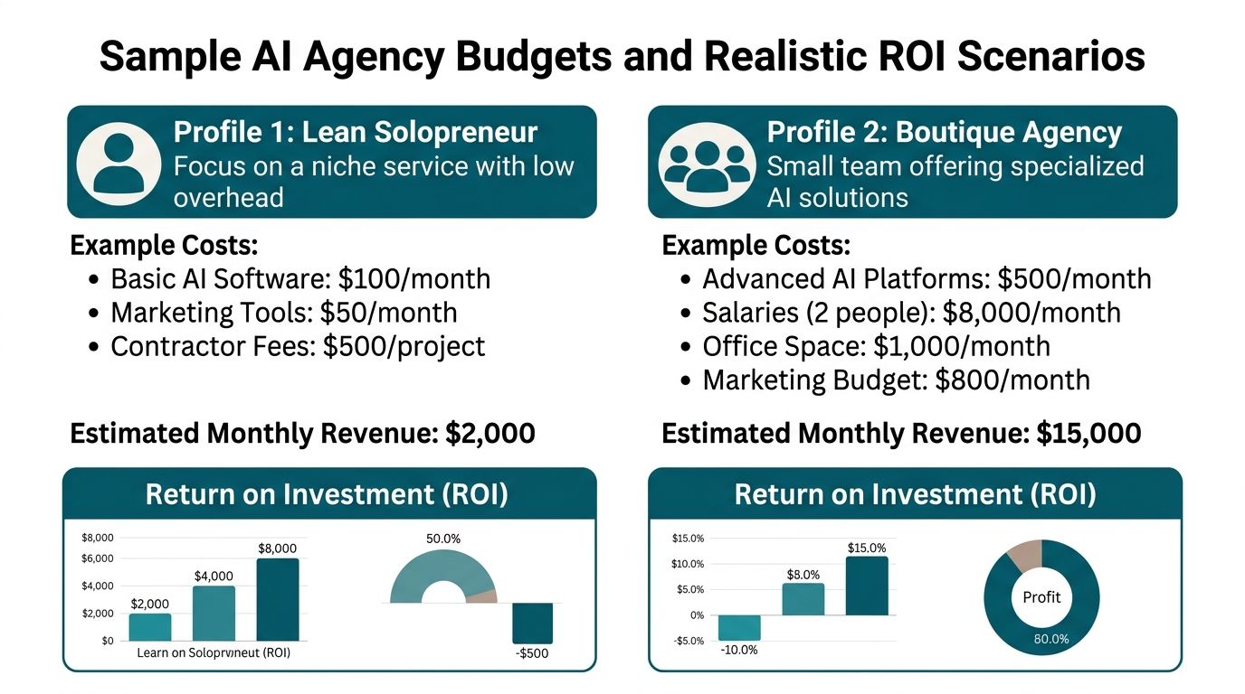A comparison chart showing budget, revenue, and ROI scenarios for lean solopreneur versus boutique AI agencies.