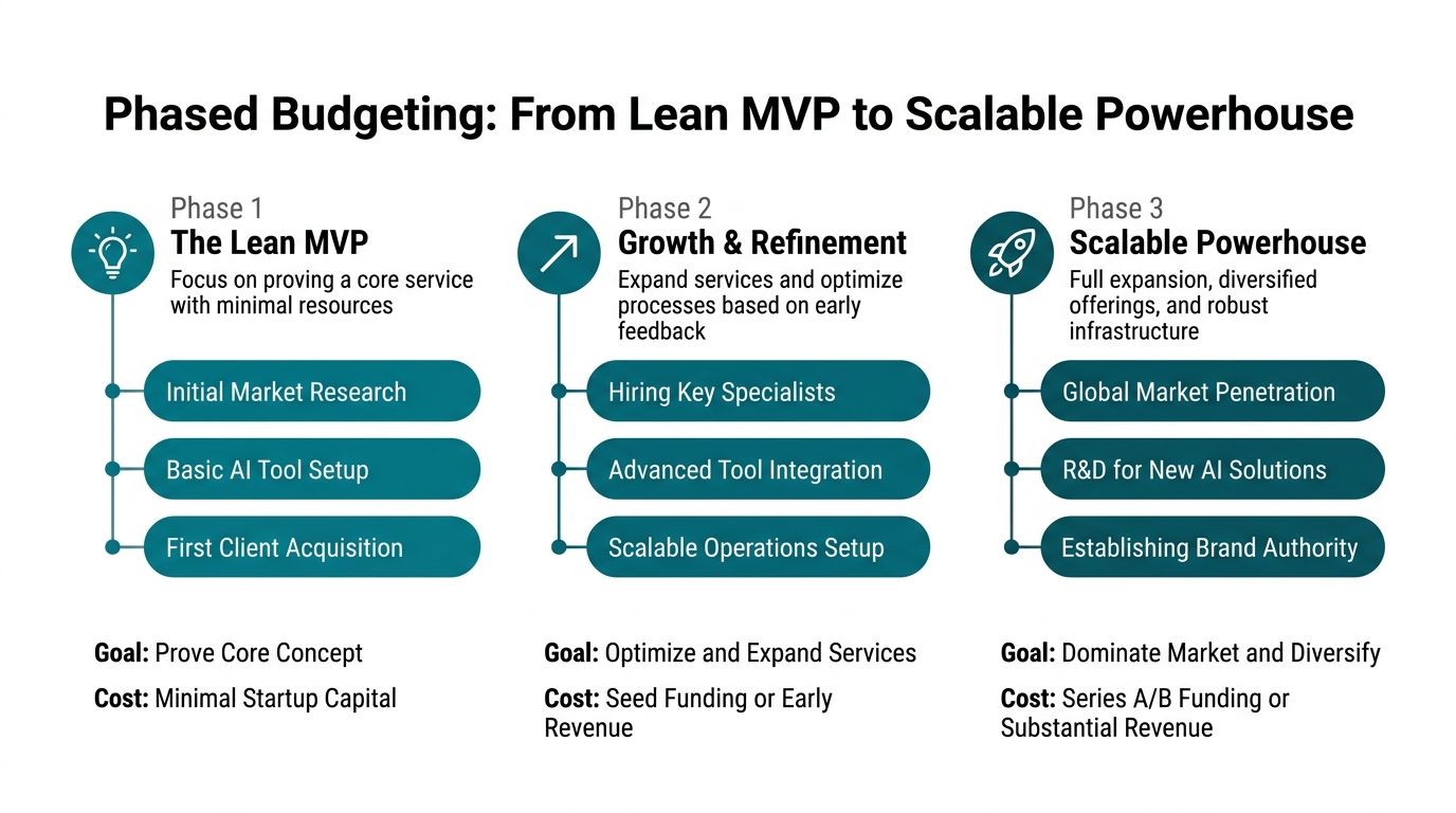 A diagram illustrating a three-phase budgeting strategy for growing an AI automation agency from MVP to scale.