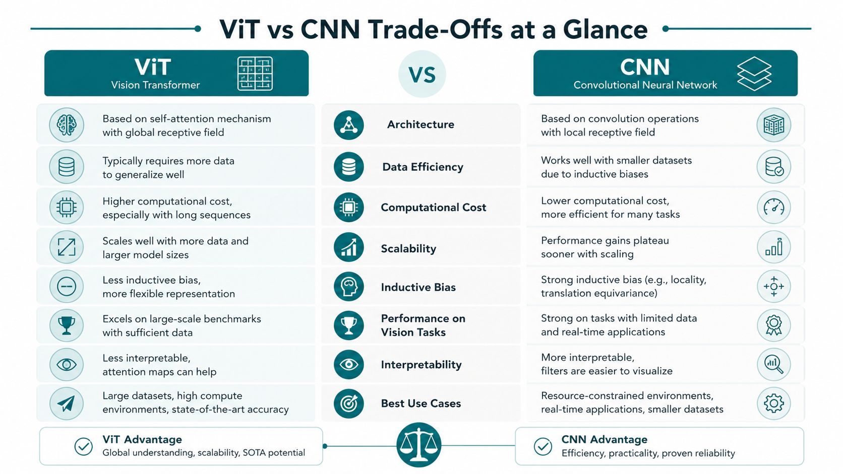 A comparison chart outlining the trade-offs between Vision Transformer and Convolutional Neural Network architectures for image processing.