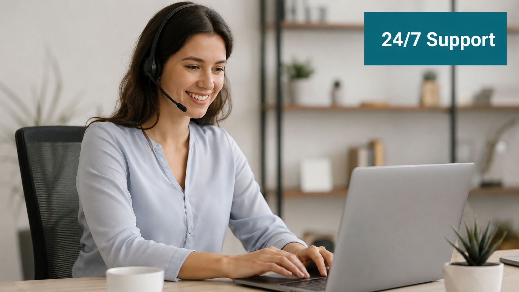 A friendly customer service agent wearing a headset while smiling and typing on a laptop computer.