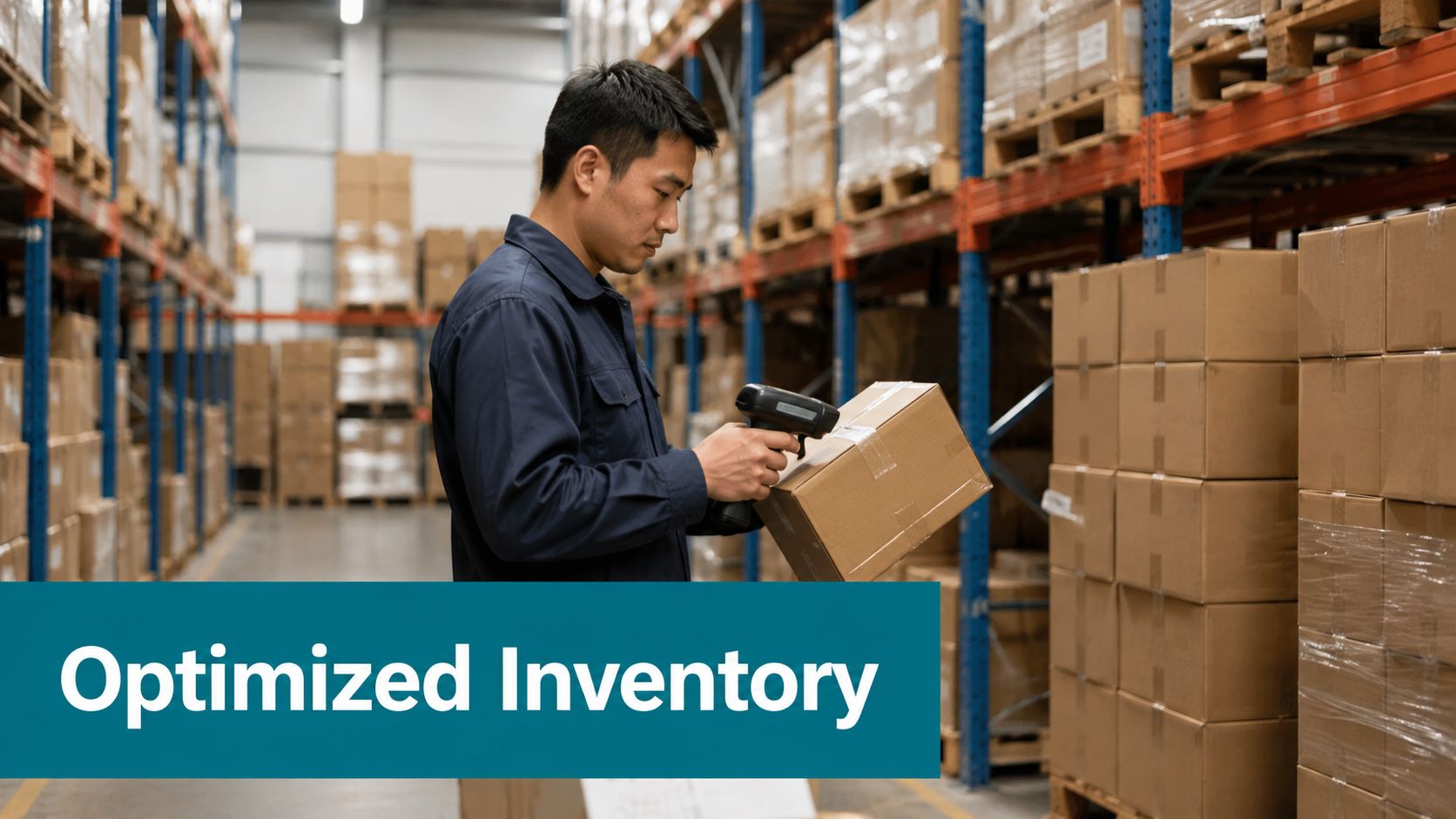 A warehouse worker scans a cardboard package with a handheld device amidst tall shelves of stocked inventory.