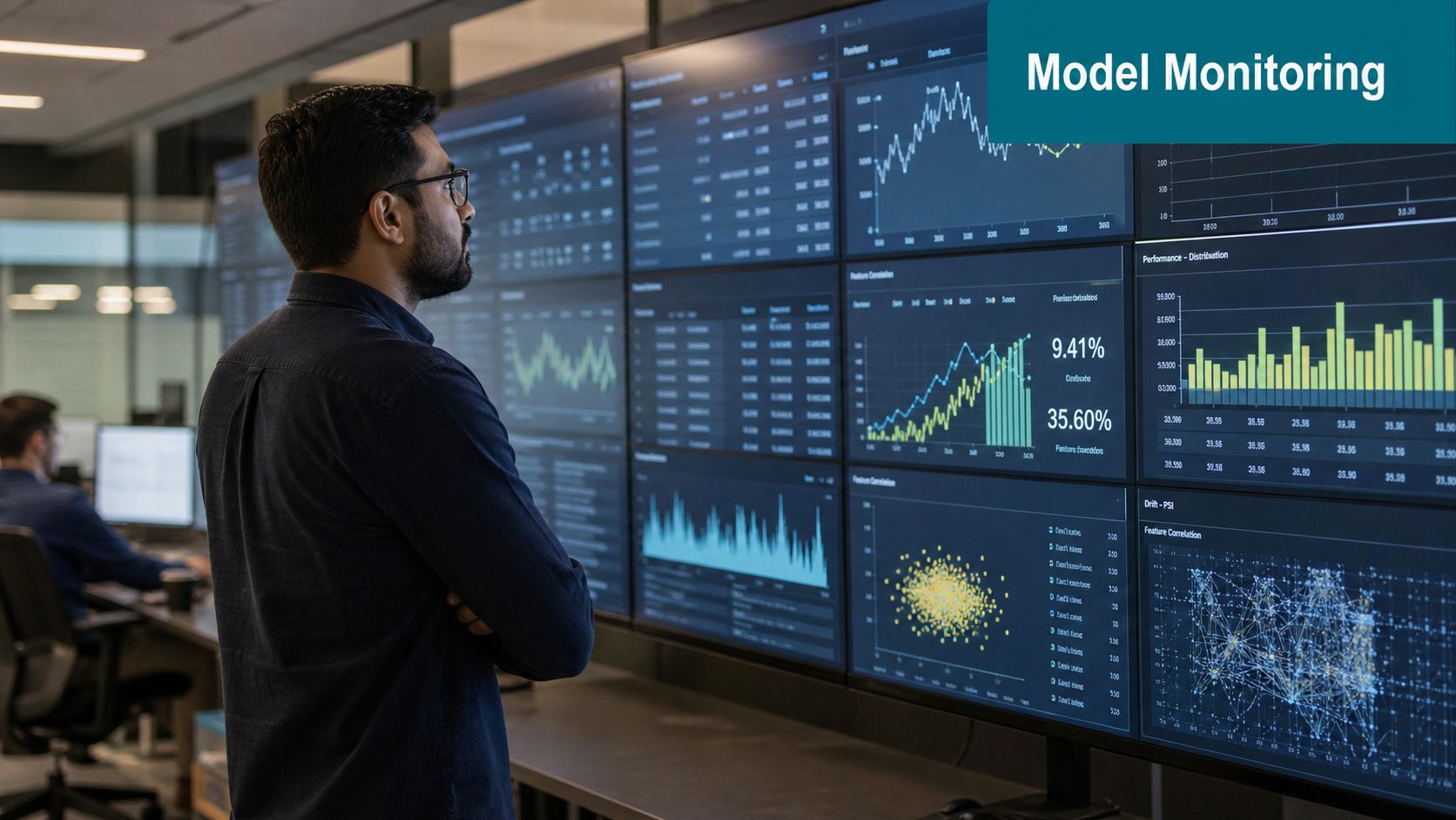 A professional man observing complex data visualizations and artificial intelligence performance metrics on large digital display screens.