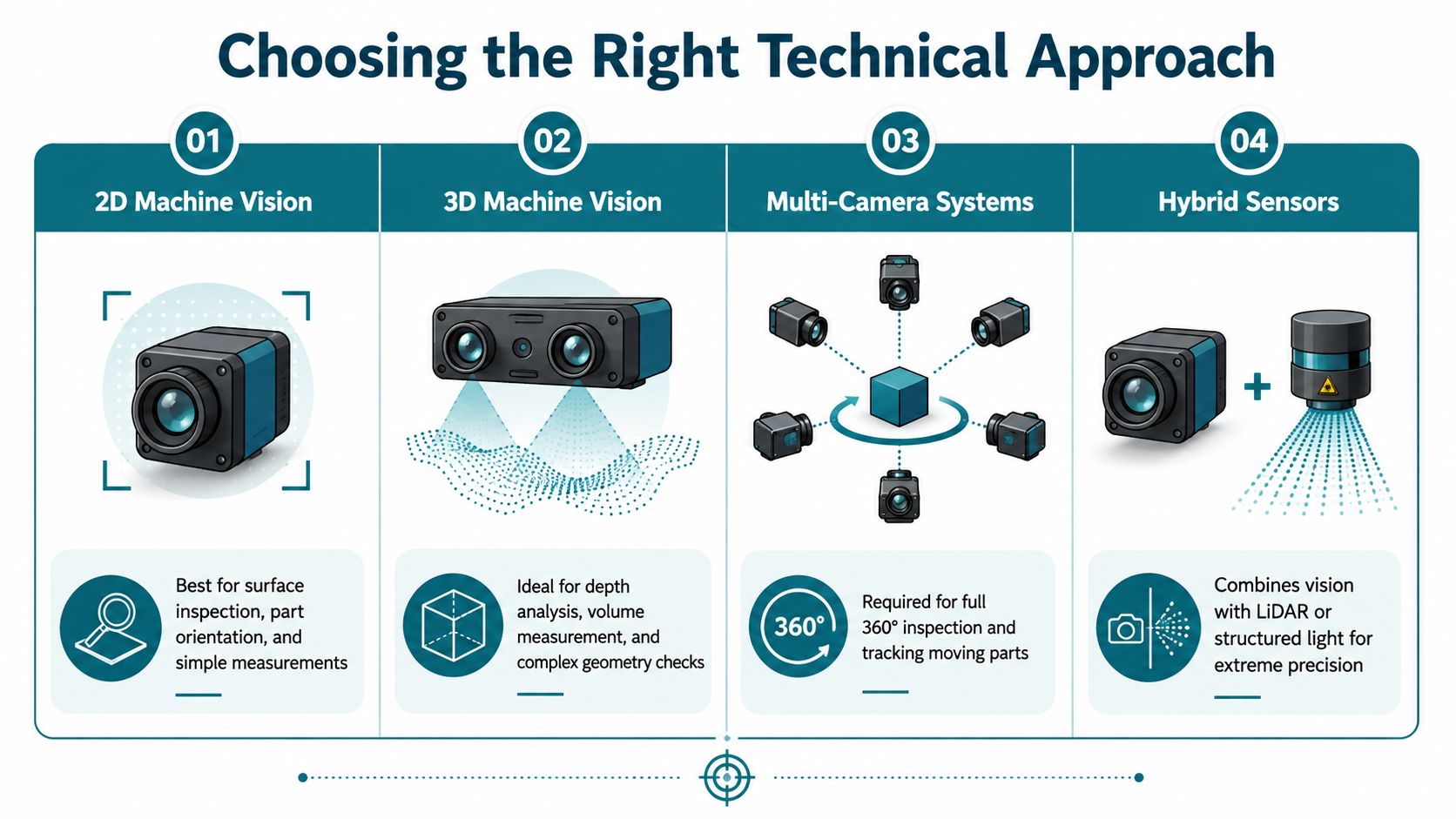 An infographic illustrating four different technical approaches to machine vision for automated industrial manufacturing applications.