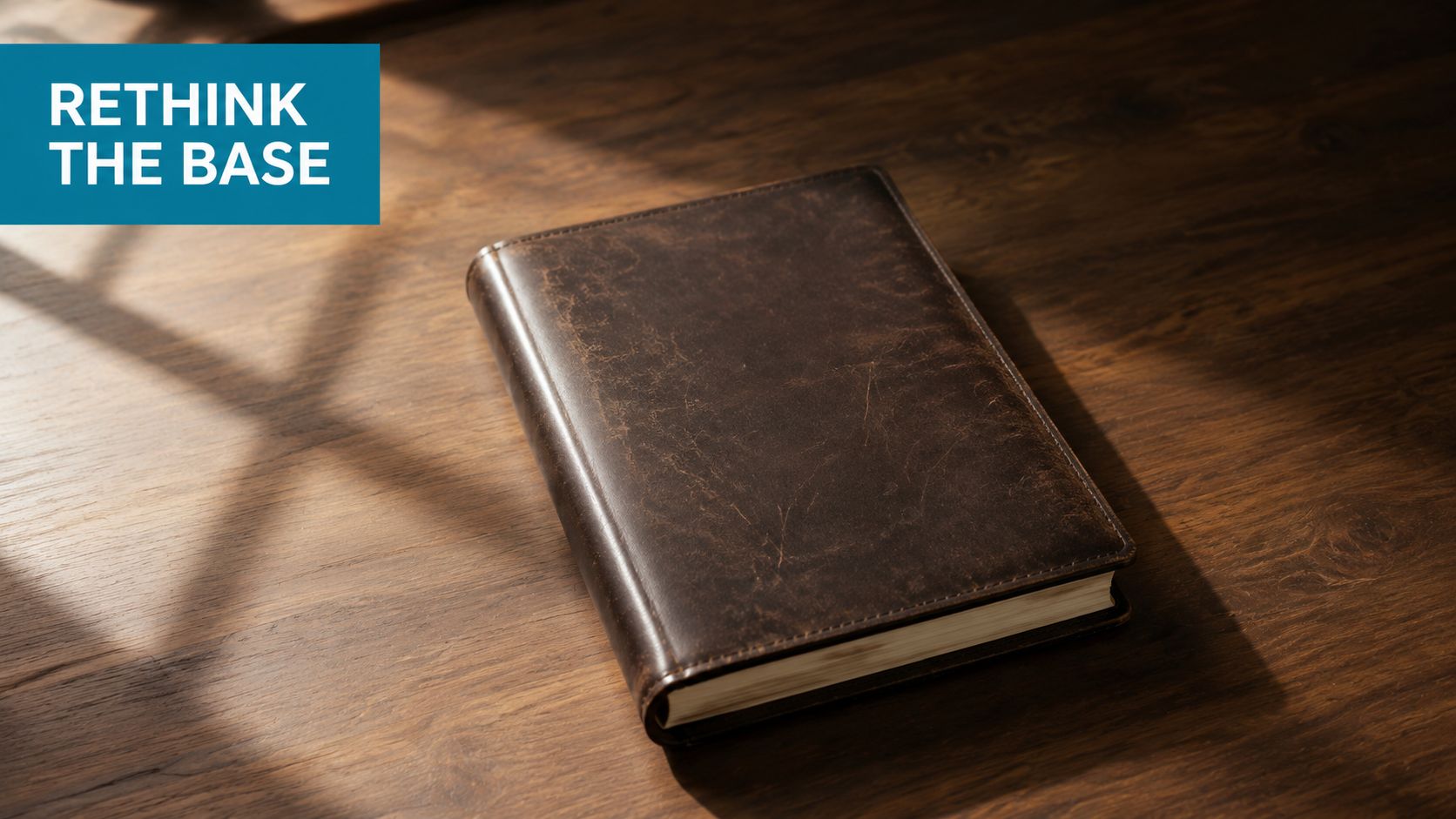 A leather-bound journal lying on a wooden desk under soft, natural, window-lit lighting conditions.