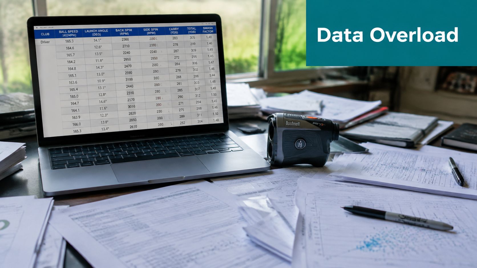 A laptop screen displaying golf performance data statistics next to a laser rangefinder on a messy desk.
