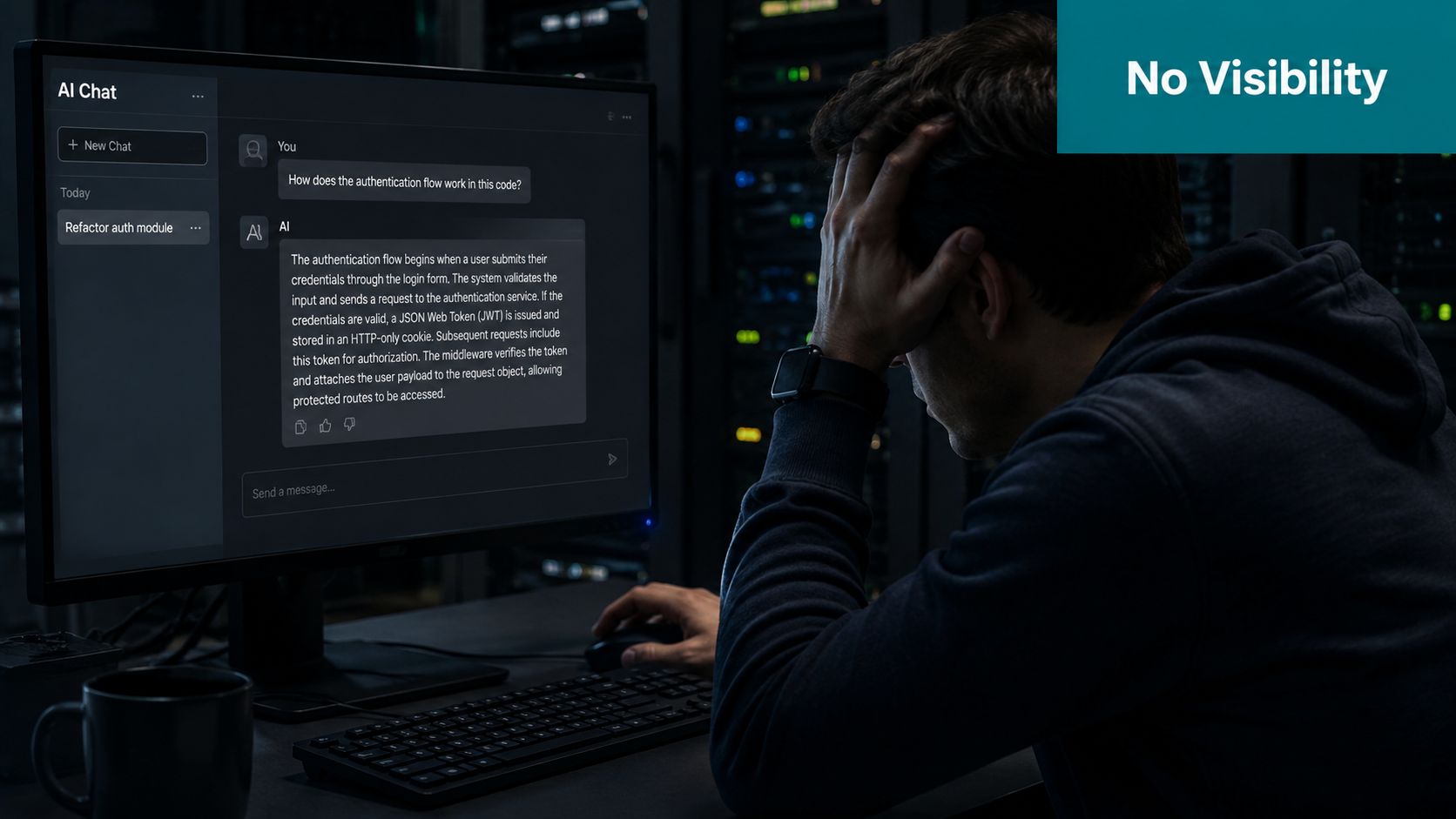 A developer looking frustrated while using an AI chatbot on his monitor in a dark server room.