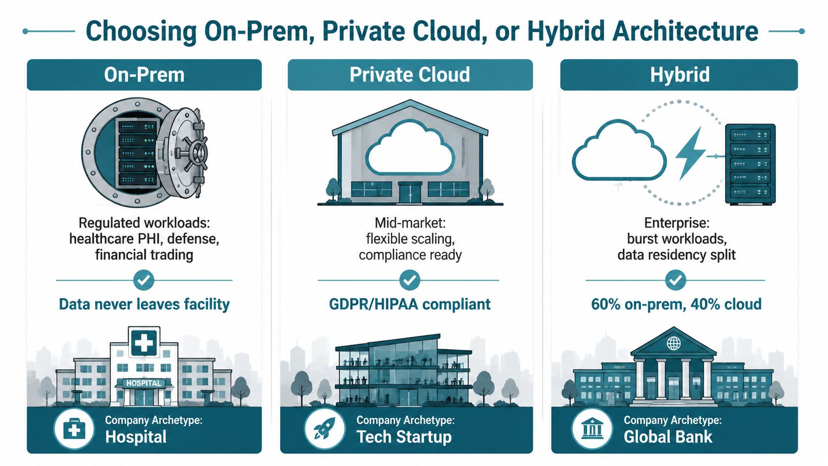 A comparison chart showing the differences between on-premises, private cloud, and hybrid IT infrastructure models.
